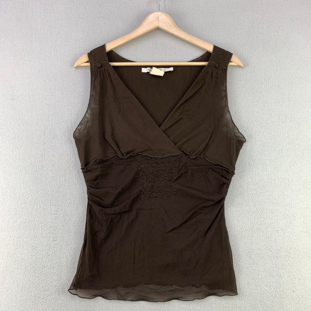 Y2K Max Studio Mesh Top Women Large Brown Y2K Sheer Babydoll Lettuce Trim